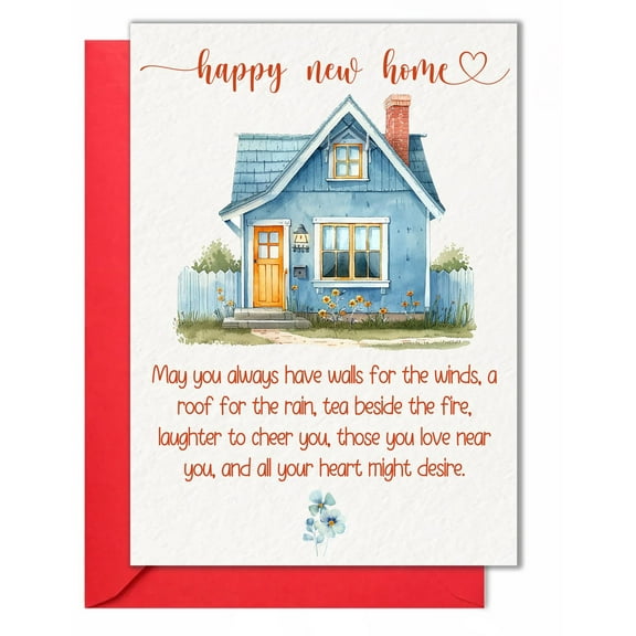 Happy New Home Card - Charming Blue House Design - Heartfelt Wishes for New Homeowners - Blank Inside with Red Envelope Included