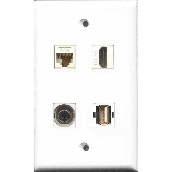 RiteAV 1 Port HDMI and 1 Port USB A-A and 1 Port 3.5mm and 1 Port Cat6 Ethernet White Wall Plate