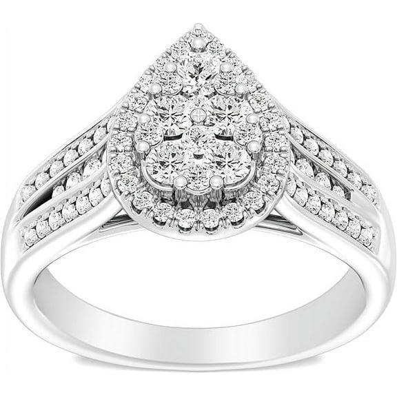 Modernist Halo Pear Shape Ring Solid 14K White Gold Ring Bridal Proposal Ring Moissanite Engagement Round Diamond Ring