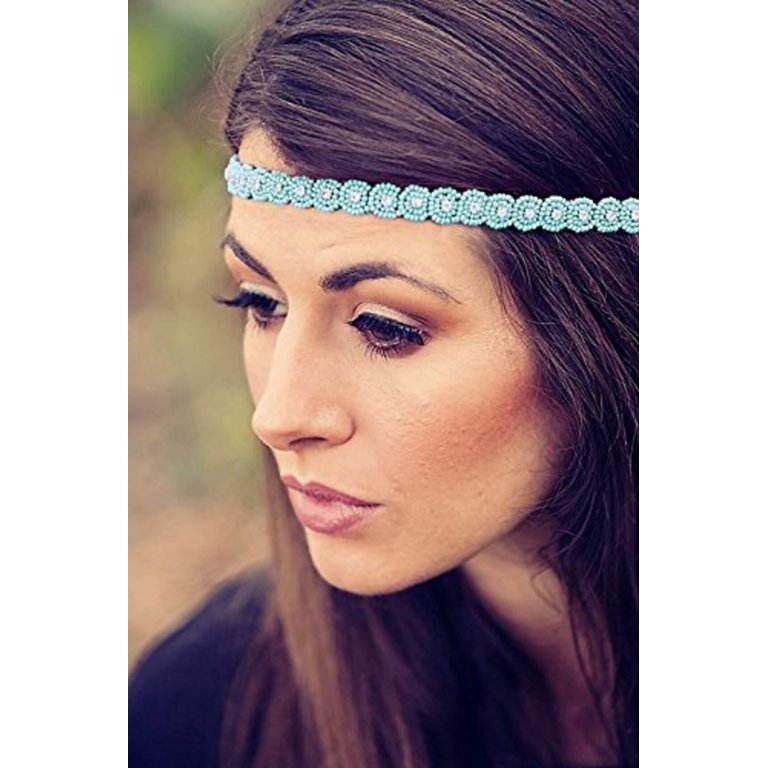 Turquoise rhinestone elastic headband and choker. Glitter Turquoise and Gold Princess Headband With Jewel  main image 3