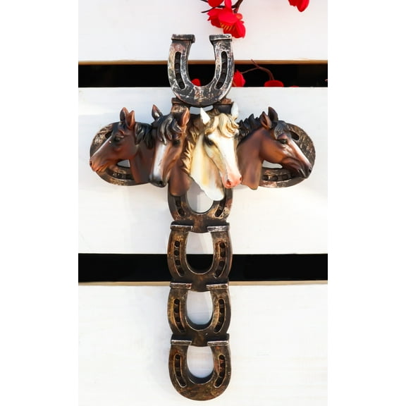 Rustic Western Horseshoes With 4 Multicolored Horse Heads Wall Cross Decor