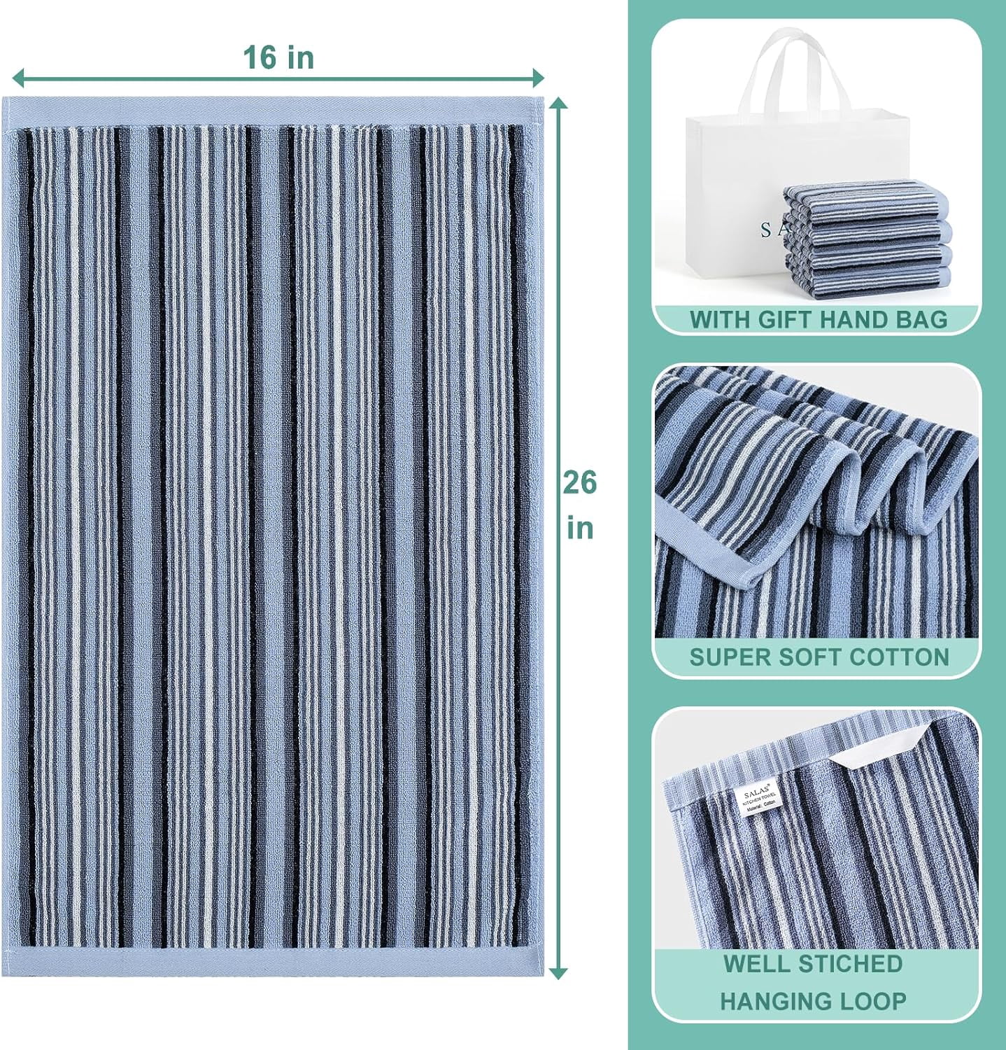 KitchenKey Premium Cotton Kitchen Dish Towels for Drying Dishes,Large Long Kitchen Hand Towels, Thick Highly Absorbent Dish Clothes Tea Towel Sets with Hanging Loop, 16" X 26", 4 Pcs, Blue