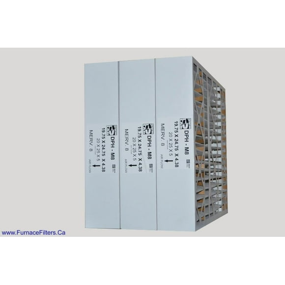 20x25x5 Furnace Filter Replacement MERV 8.. Actual Size 19 3/4 x 24 3/4 x 4 3/8; Made in Canada by Furnace Filters.Ca Pkg. of 3