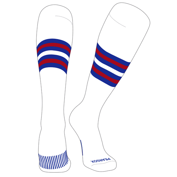PEAR SOX Striped OTC Baseball, Softball, Football Socks (F) White, Royal, Red (M)