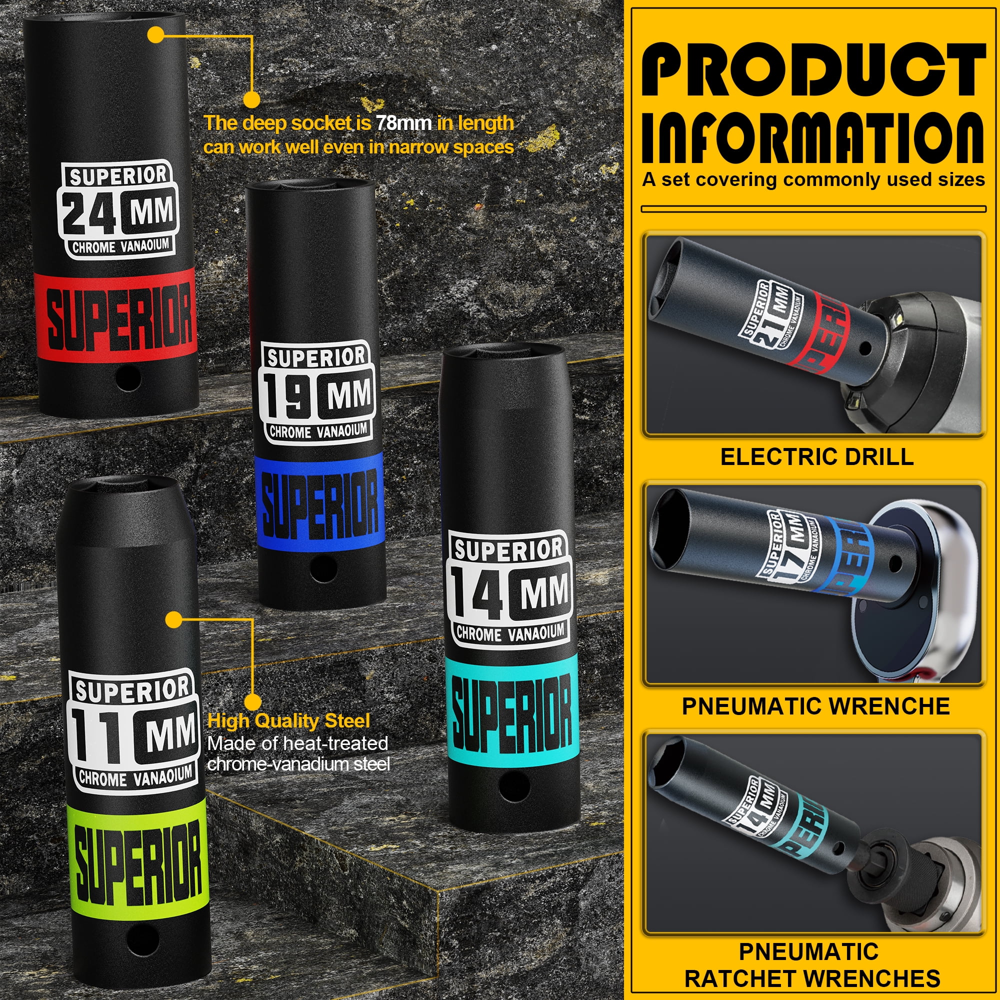 1/2" Drive Deep Impact Socket Set, Metric, CR-V Material, 6 Point, 8mm to 22mm 12pcs