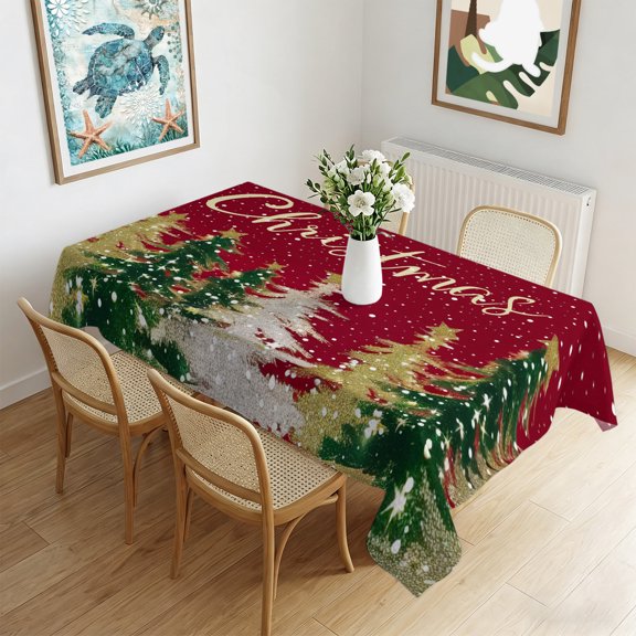 Waterproof Tablecloth Christmas Tree Falling Snow on Red Rectangle Table Cloth 60x102in,Wipeable Washable Table Cover Gold Xmas Tree Watercolor Tablecloths for Dining Tables Kitchen Picnic Party