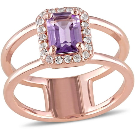 Tangelo 1-1/3 Carat T.G.W. Amethyst and White Topaz Rose Rhodium-Plated Sterling Silver Two-Row Halo Ring