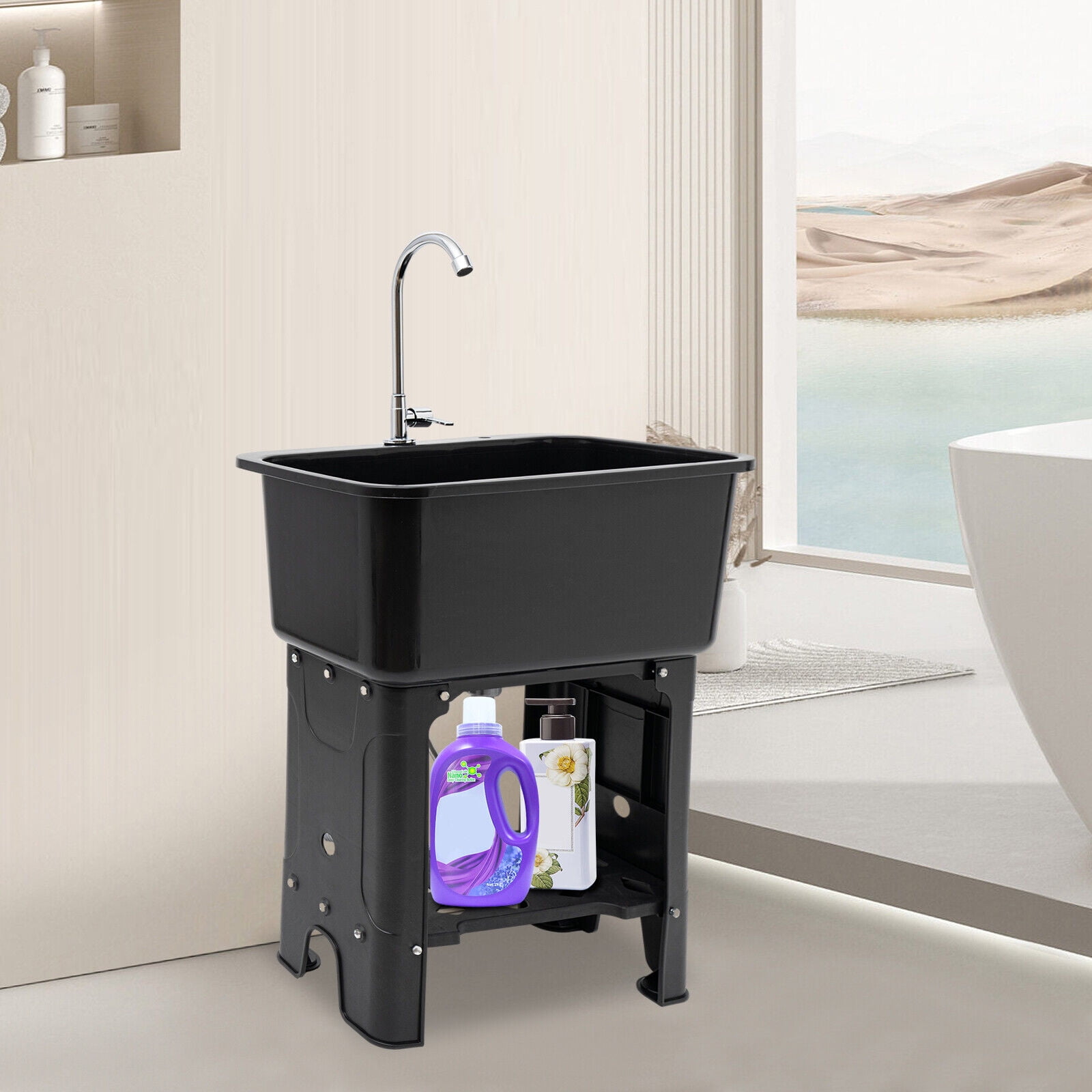 Utility Sink, Modern Laundry Room Sink with Washboard, 360° Rotation Faucet, Storage Shelf and Drain Kit, Freestanding Laundry Tub Sink for Garage Garden Load 50kg