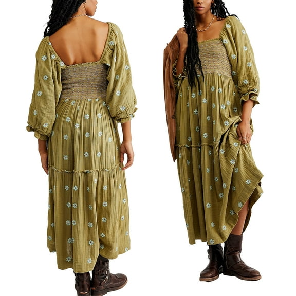 Casual Embroidered Maxi Dress for Women Square Neck Backless Smocked Ruffle Puff Sleeve Dress Summer Sundress