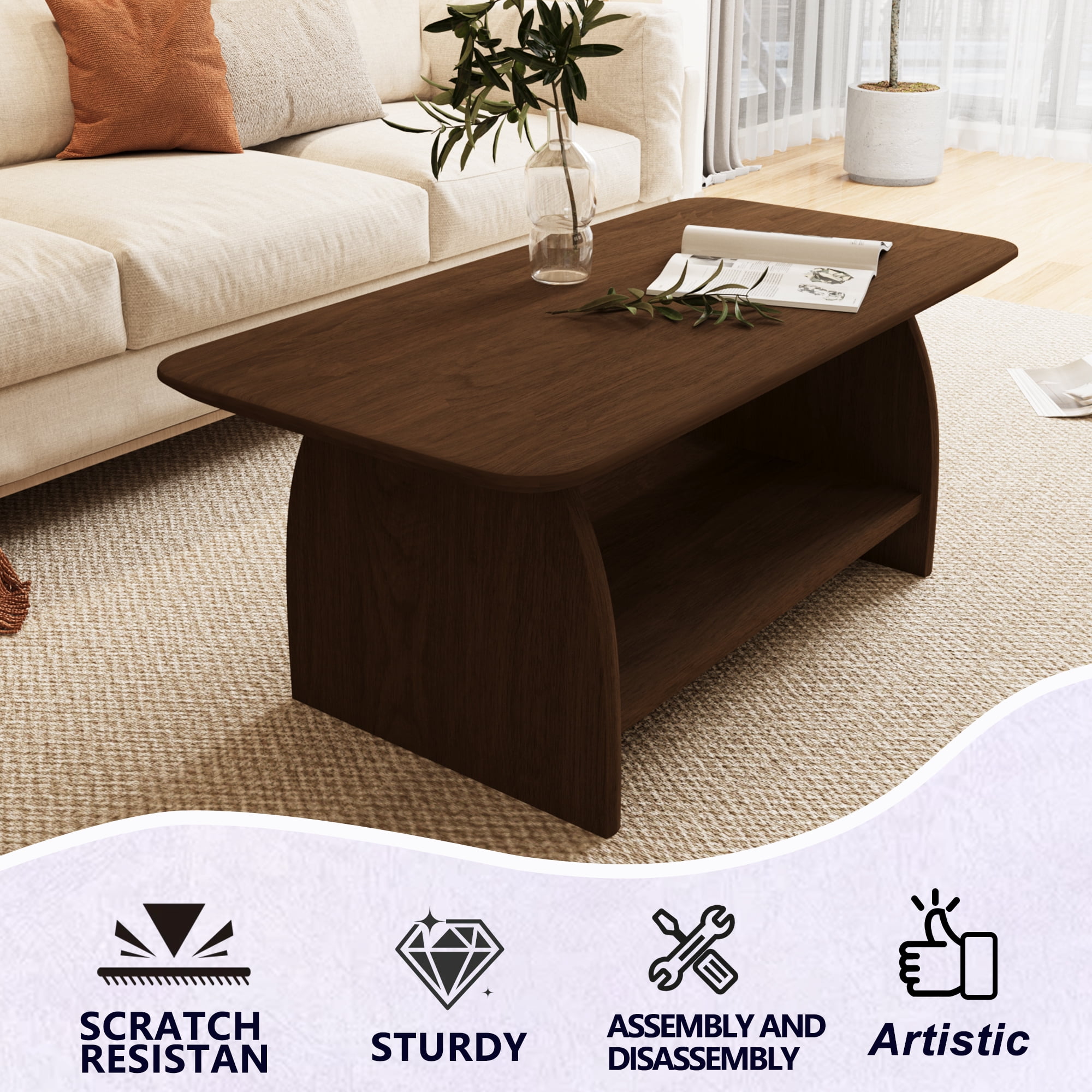 Modern Minimalist Coffee Table, 47 inch Double-Layer Rectangular Coffee Table with Storage, Safety Rounded Design, MDF Wood Material, for Living Room, Easy Assembly
