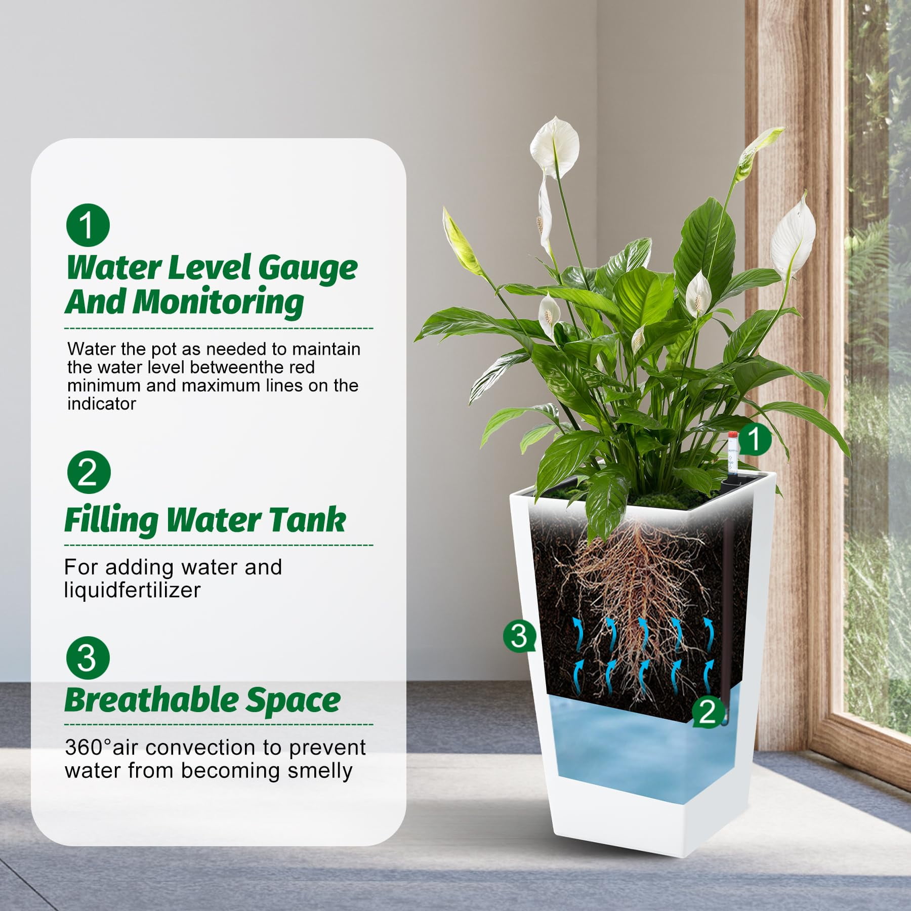 Goldensoil 16" Tall Planters Set of 2 with Drainage Holes＆Water Level Monitor＆Inner Bucket, White