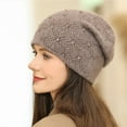 thumbnail image 4 of Dyfzdhu Women Elegant Trendy Warm Chunky Soft Stretch Cable Knit Winter Hat With Pearl Beaded Trim Cap Khaki, 4 of 4