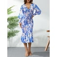 thumbnail image 5 of hirigin Women's Smocked Floral Bodycon Midi Dress Long Puff Sleeve Empire Waist V Neck Ruffle Pencil Mermaid Cocktail Dresses, 5 of 9