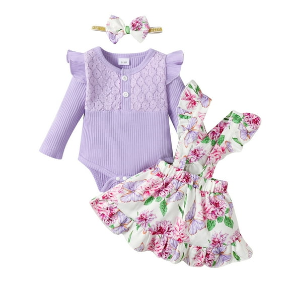 3 Months Baby Girls Clothes 6 Months Girls 3PCS Outfits Set Flower Print Infant Girls Long Sleeve Top Overall Skirt Set with Headband Purple