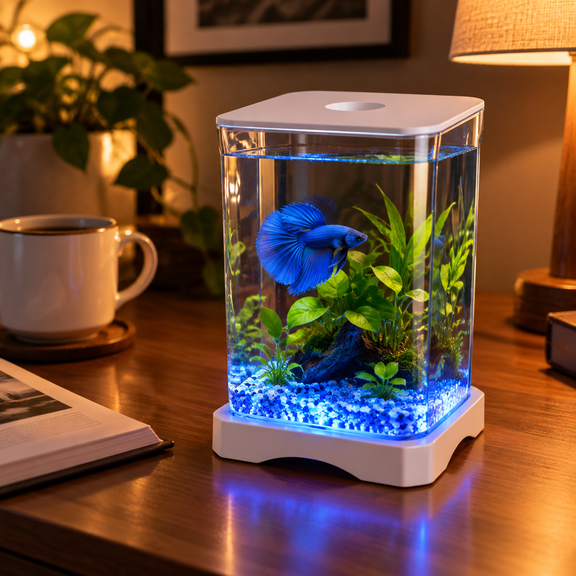 Small Fish Tank for Beginners, Betta Fish Aquarium Starter Kit with LED Light, Shatterproof AS Desktop Fish Tank for Room Decor