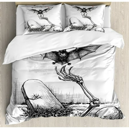 Black And White Skull Bedding Ambesonne Halloween Dead Skull Zombie Out Grave and Flying Bat Hand Drawn Spooky Picture Duvet Cover Set ()
