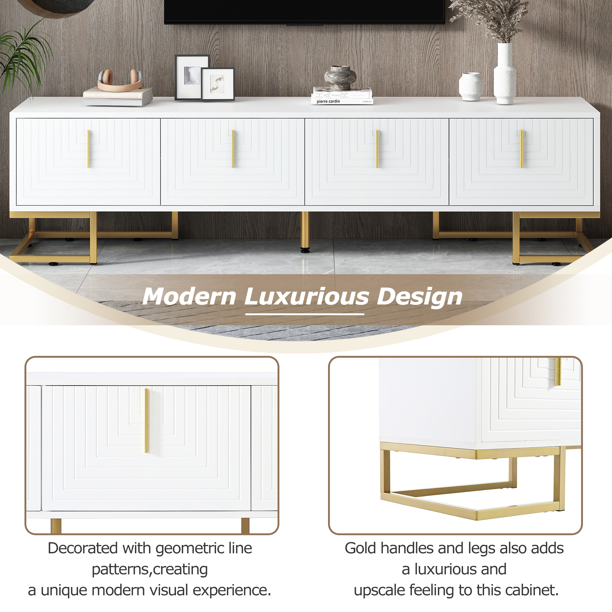 Euroco TV Stand Up to 80" Television, Media Console Table MDF, 4‑Door Storage, Gold Legs