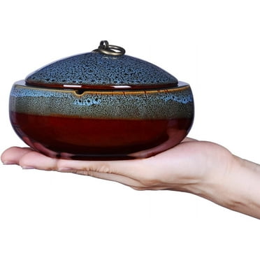 Ceramic Ashtray with Lids Windproof Cigarette Ashtray for Indoor or Outdoor Use Ash Holder for Smokers Desktop Smoking Ash Tray for Home Office Decoration (5.2"Blue)
