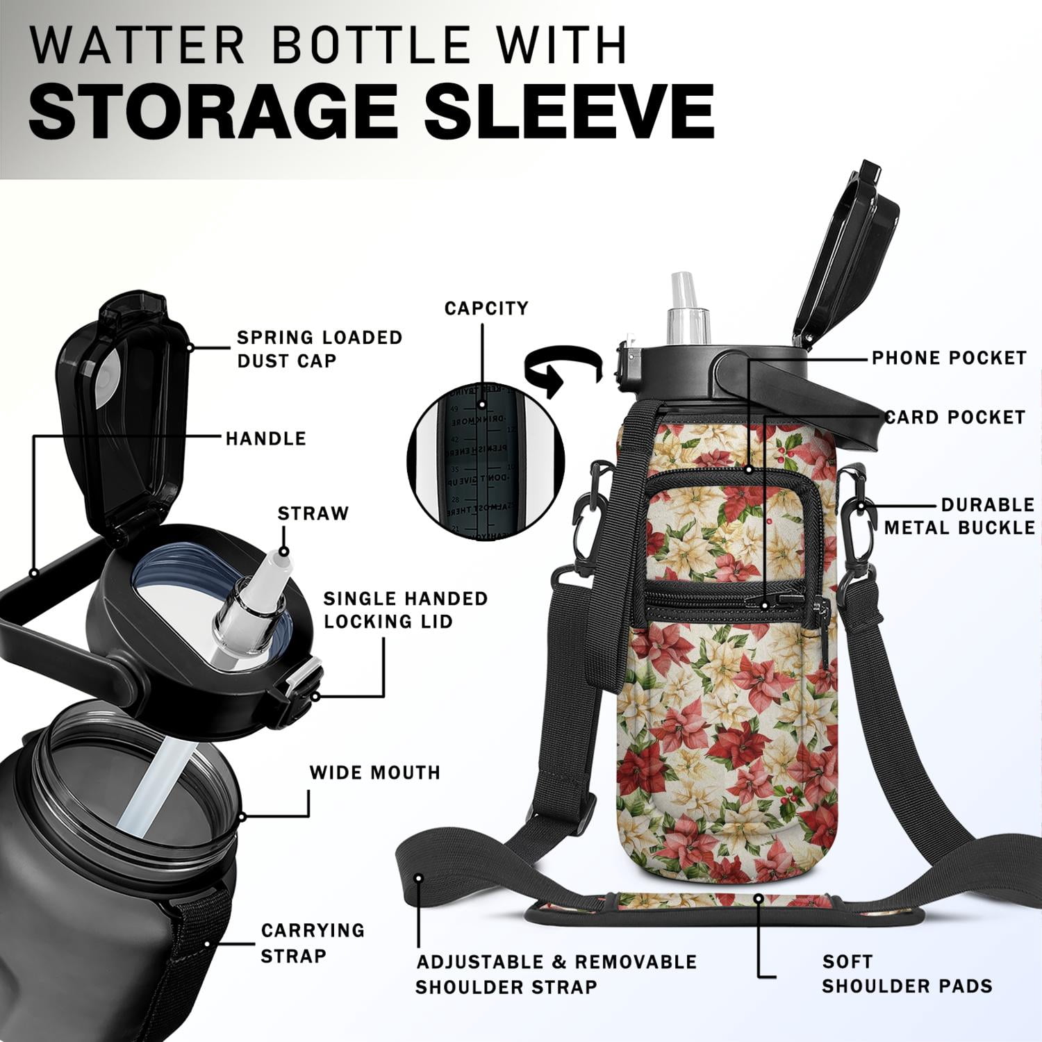 Christmas Leafs 64 Oz Water Bottle with Measurements - BPA Free Leakproof Sport Large Plastic Water Bottle with Straw & Time Marker & Insulated Neoprene Holder Carrier Bag Great Gift for Women Men