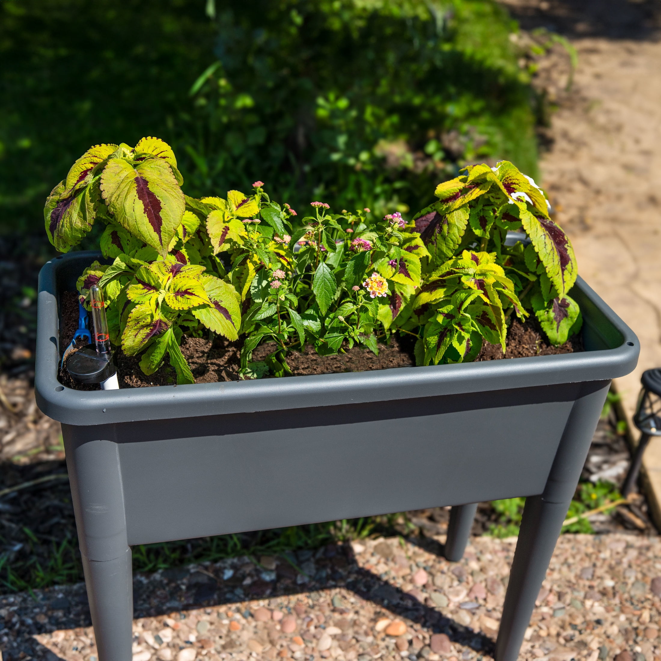 Sunnydaze 30" x 14.5" x 33" Gray Plastic Self-Watering Raised Garden Bed with Cover