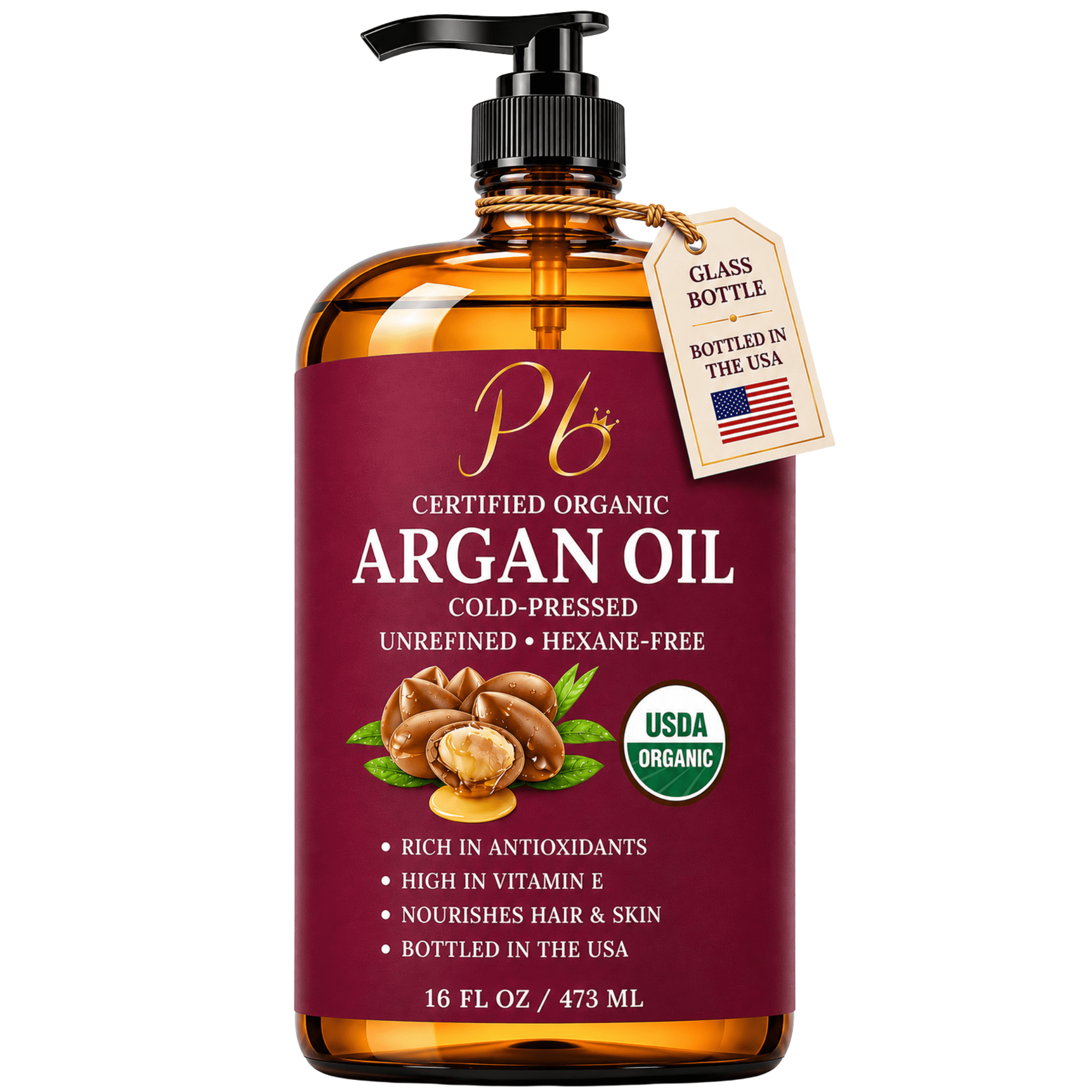 Pomberries Argan Oil | 100% Pure Cold-Pressed Moroccan Argan Oil – Unrefined, Chemical-Free, Additive-Free, for Hair, Face, Skin & Body, 16 FL OZ Glass Bottle with Pump