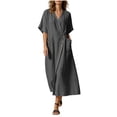 thumbnail image 2 of Horkkom Linen Dress Women Solid Color Crew Neck Short Sleeve Maxi Dresses Casual Flowy T Shirt Dress, S-2XL, 2 of 9