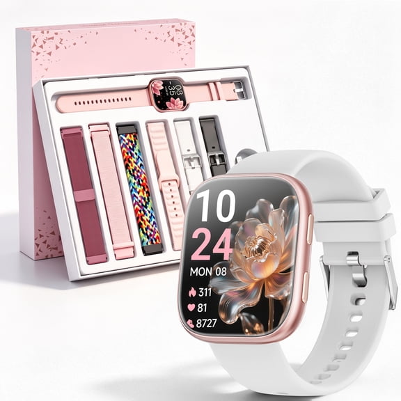 Mingdaln 7 Bands Gift Set Smart Watches Fits for Android iPhone , [1.85" AMOLED Screen] Smartwatch for women，Fitness Tracker Ip68 Waterproof with Bluetooth Calls, AI Control, 7 Days Battery，Pink