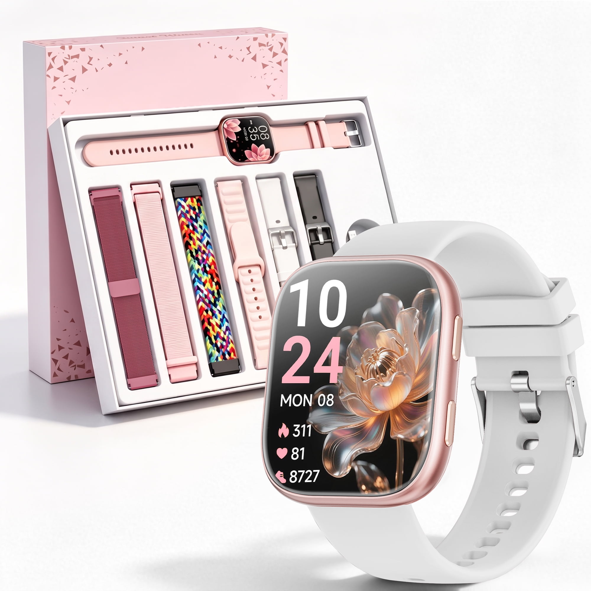 Mingdaln 7 Bands Gift Set Smart Watches Fits for Android iPhone , [1.85" AMOLED Screen] Smartwatch for women，Fitness Tracker Ip68 Waterproof with Bluetooth Calls, AI Control, 7 Days Battery，Pink