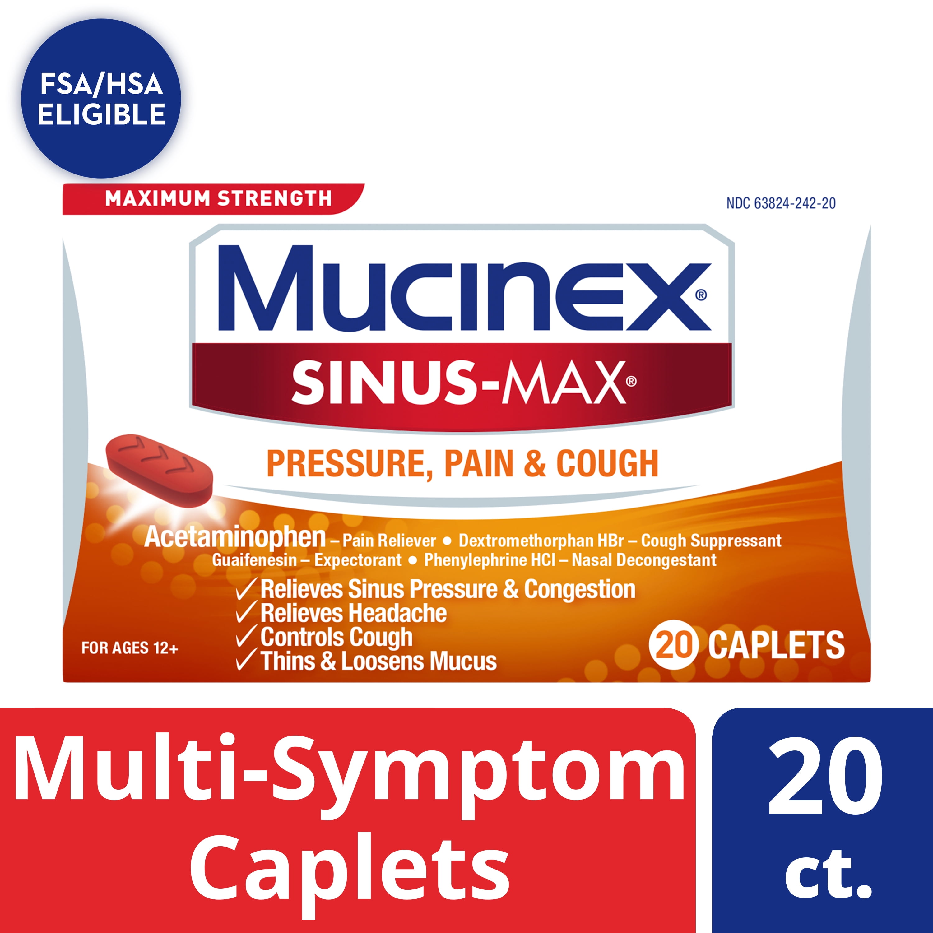 Maximum Strength Mucinex Sinus-Max Pressure, Pain & Cough Caplets, 20 ct