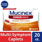 Angle View: Mucinex Sinus-Max Maximum Strength Pressure, Pain & Cough, Sinus Symptom Relief, Pain Reliever, Cough Suppressant, Expectorant and Nasal Decongestant, 20 Caplets