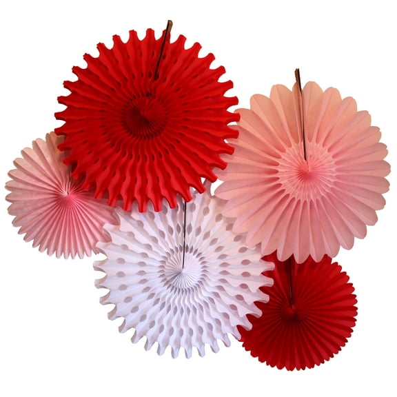 Devra Party Valentine Red, White, and Pink Large Tissue Paper Fan Decorations, 13 and 18 Inches (5 Piece)