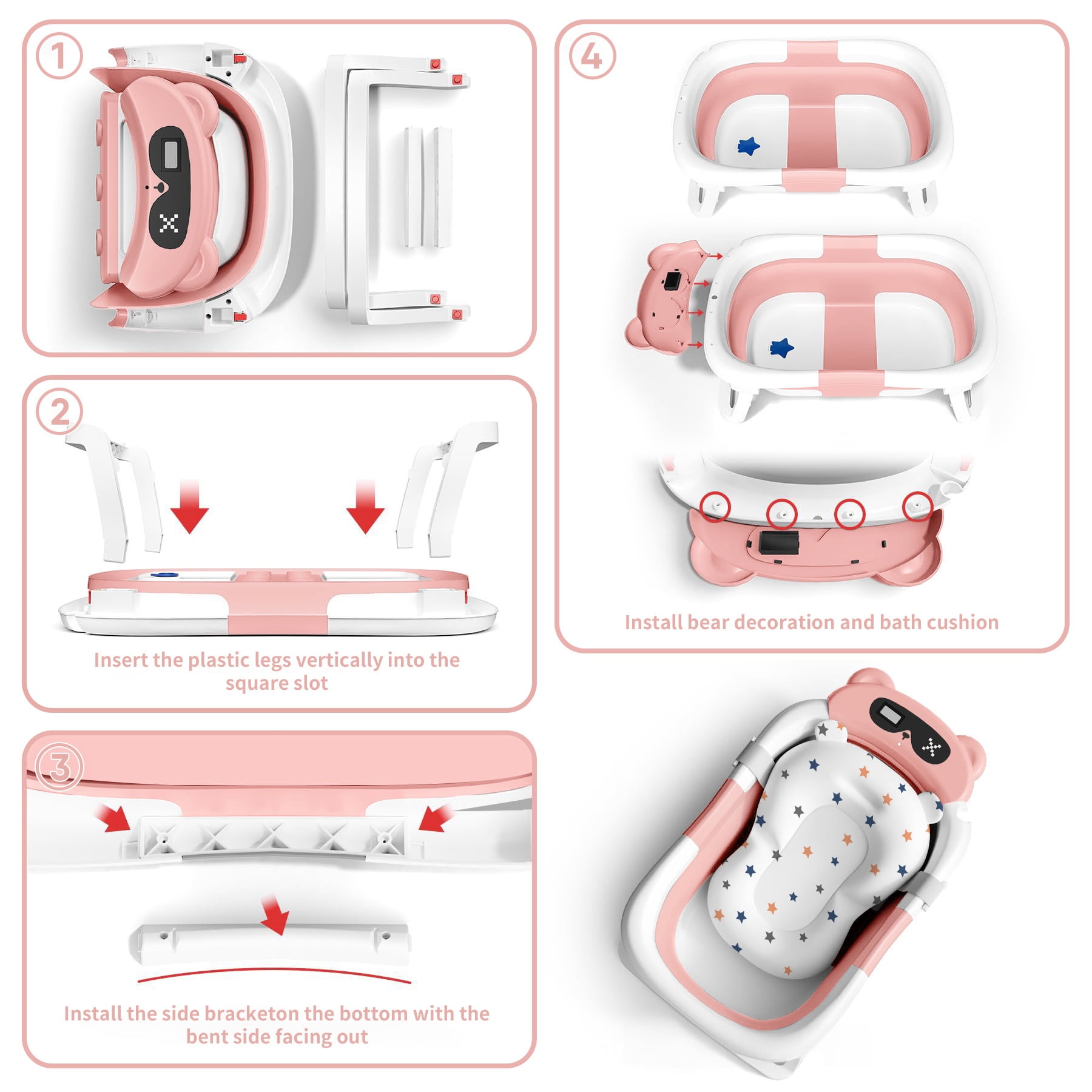 Babyomi Baby Bathtub with Durable Bath Tub and Cute Bear Thermometer, Soft Detachable Cushion No-Slip Hanging and Shower Hat, Foldable Bathtub for Newborn to Toddler, Pink