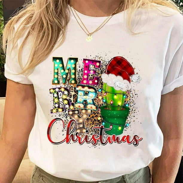 Camisetas estampadas de Papá Noel para mujer, camiseta de Navidad y Año Nuevo de los años 90, ropa femenina, Tops estampados, camiseta gráfica de dibujos animados a la moda para mujer