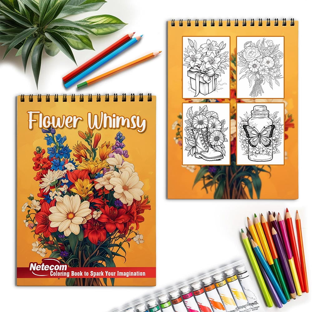 Netecom Flower Whimsy Coloring Book for Adults, Spiral Bound, Soft Cover