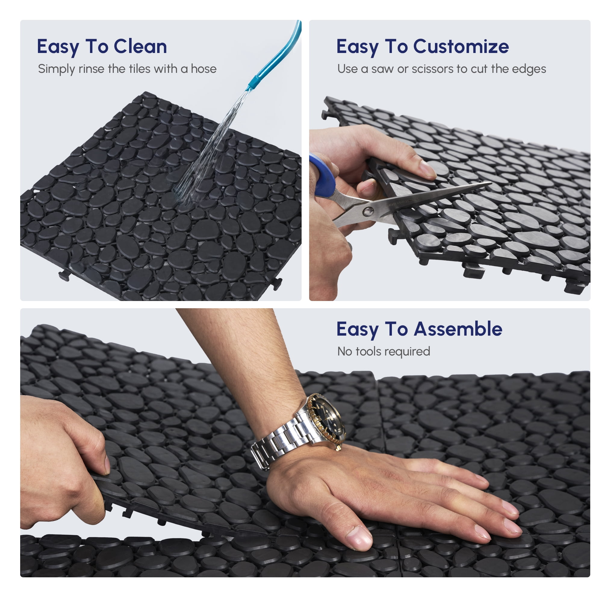 60-Pack Plastic Interlocking Deck Tiles,12"x12" Waterproof Outdoor Flooring All Weather Use,Anti-slip Floor Decking Tiles for Bathroom Garden Lawn Balcony Porch,Pebble Stone Pattern,Black