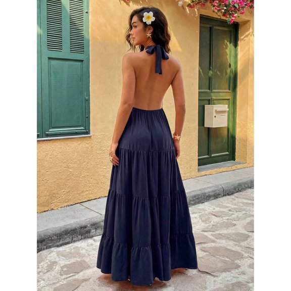 Womens Dark Blue Halter Maxi Dress Deep V-Neck Ruffle Hem Summer Vacation
