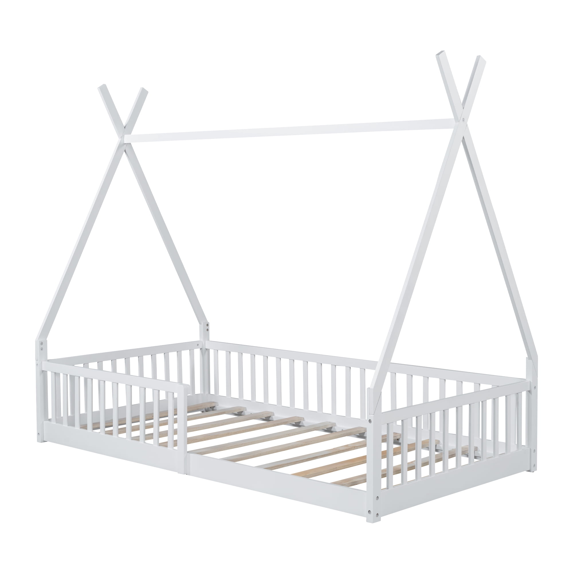 Harper & Bright Designs Floor Bed for Boys Girls, Twin Size Teepee Tent Beds, Montessori Floor Bed with Slats and Fence Rails, Wood House Bed Frame for Boys Girls, White