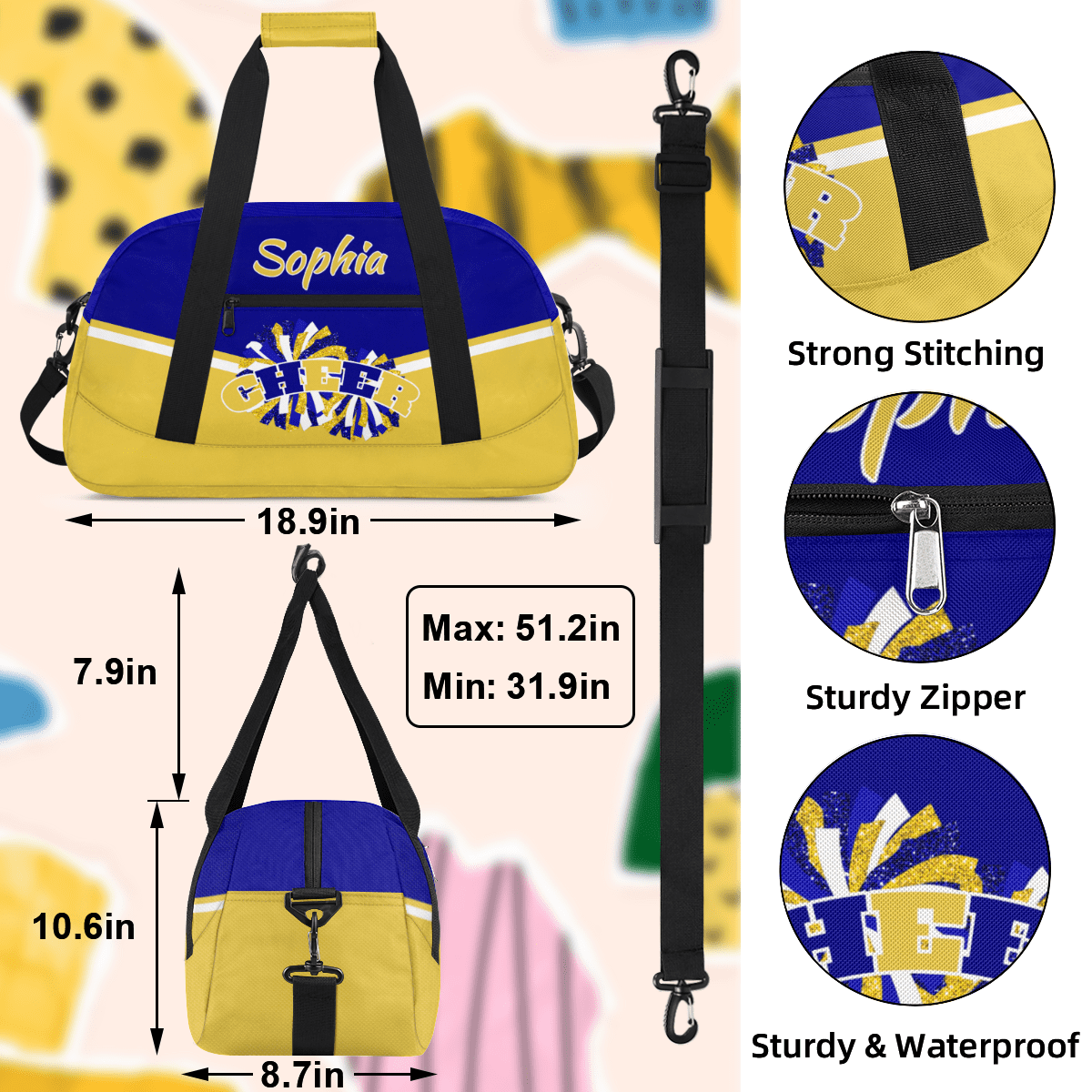 Jiaoprinted Personalized Cheer Bag, Custom Sport Duffel Bag with Name, Customized Cheerleader Dance Bag, Sport Gym Bag Overnight Weekender Bags, Blue Gold