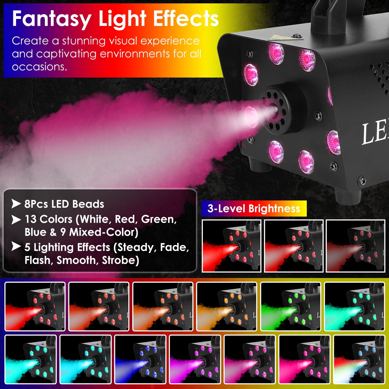 Fog Machine 2000CFM Colorful Smoke Machine with 8Pcs LEDs 5 Lighting Effects 3-Level Brightness