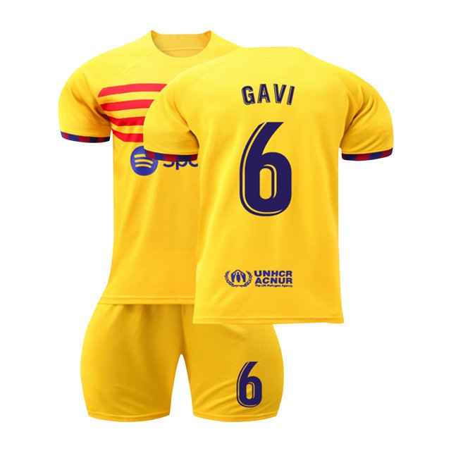 KEVCHE 2223 FC Barcelona Jersey Futbol 2 Piezas Set, Adultos Camiseta Barcelona Futbol Jersey Barcelona Futbol GAVI Número #6 Printed Jersey Soccer Shirt Shorts Set, Fuera de Casa Amarillo #6/XL