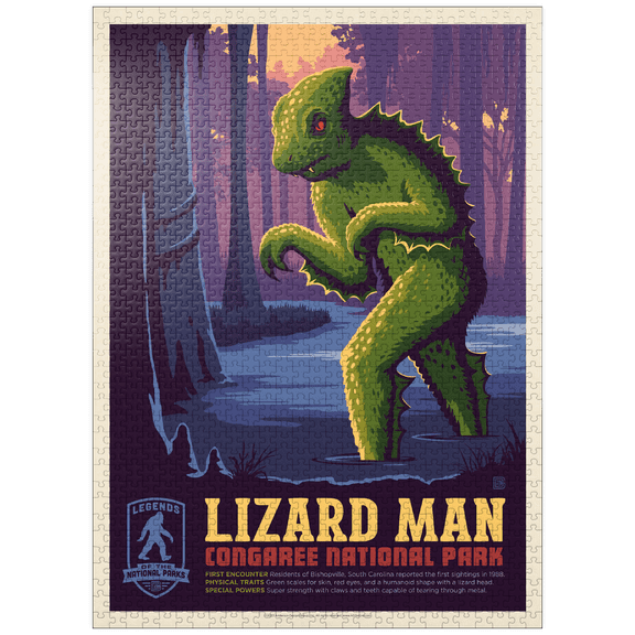 MyPuzzle - Legends Of The National Parks: Congaree's Lizard Man, Vintage Poster - Premium 1000 Piece Jigsaw Puzzle for Adults