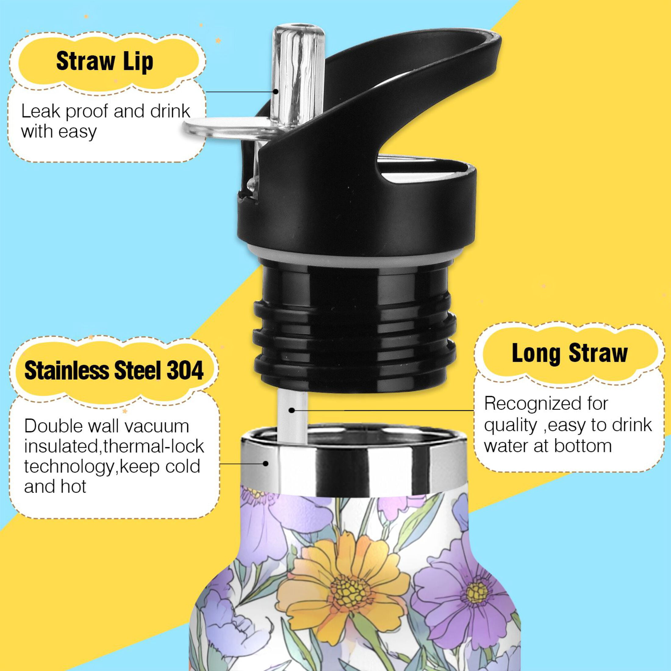 600ML Stainless Steel Insulated Cup Sports Water Bottle Portable Thermos Cup Water Glasses Insulated Tumblers Convenient and Durable Pale Purple Flowers