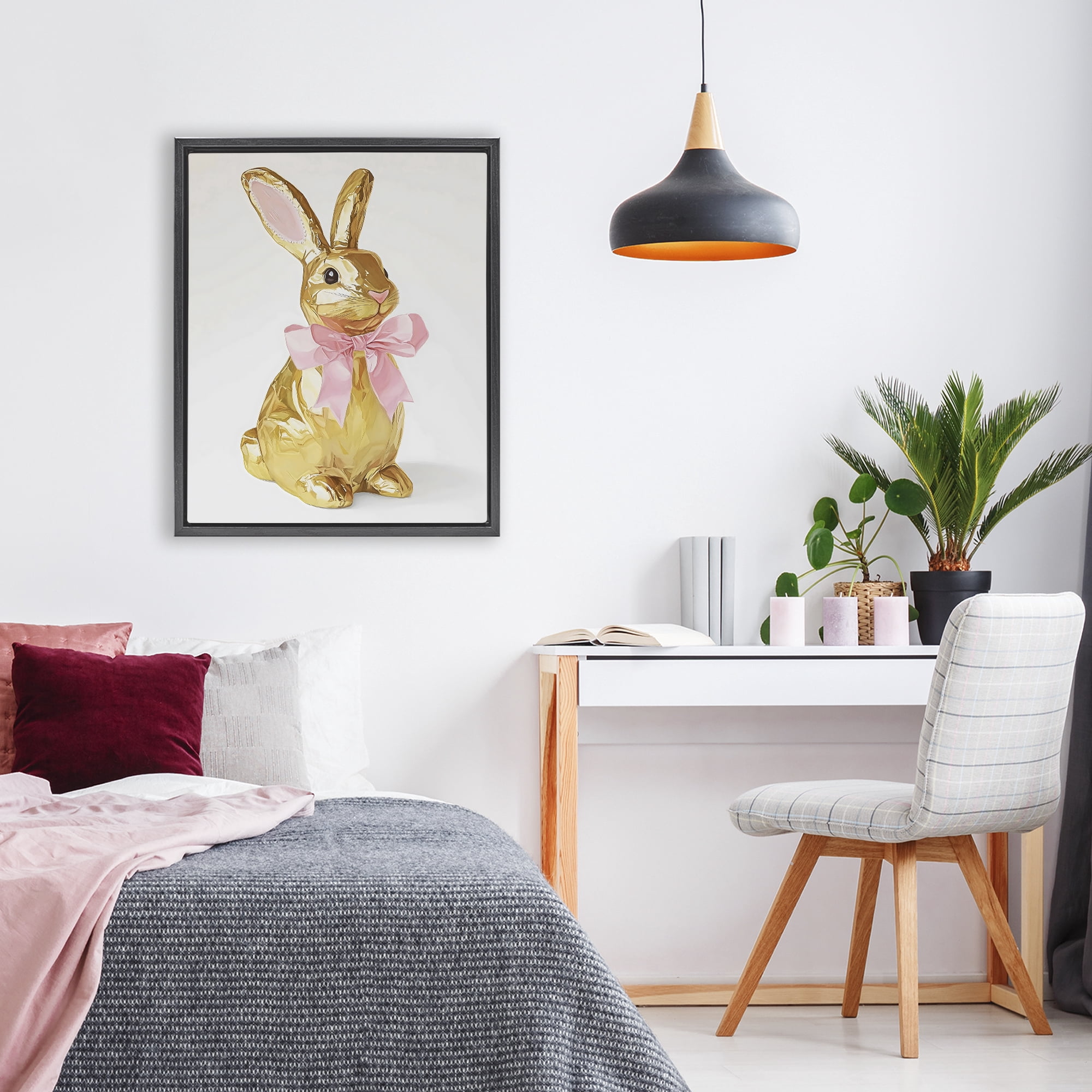 Stupell Industries Golden Easter Bunny with Ribbon Black Framed Floater Canvas Wall Art, design by The Prints Vibe