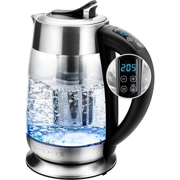 OVENTE 1.8L Glass Electric Kettle with Tea Infuser, Silver KG661S | 1500W Fast Boiling, Easy Fill Lid, 6 Temperature Control, Keep Warm, Digital Display, BPA-Free, Auto Shut-Off, 360° Base