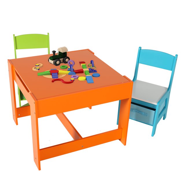 3 in 1 Kids Wood Table and 2 Chairs Set Kids Multi Activity Table and Chair with Storage
