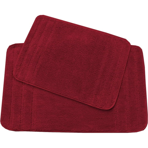 Rectangular Non Slip Plush Shaggy Water Absorbent Accent Rug Bathroom Microfiber 2 PC Bath Mat Set (Burgundy)