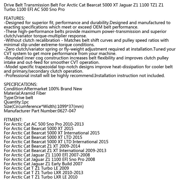 Drive Belt For Arctic Cat 0627-047 Snowmobile Jaguar Z1 TZ1