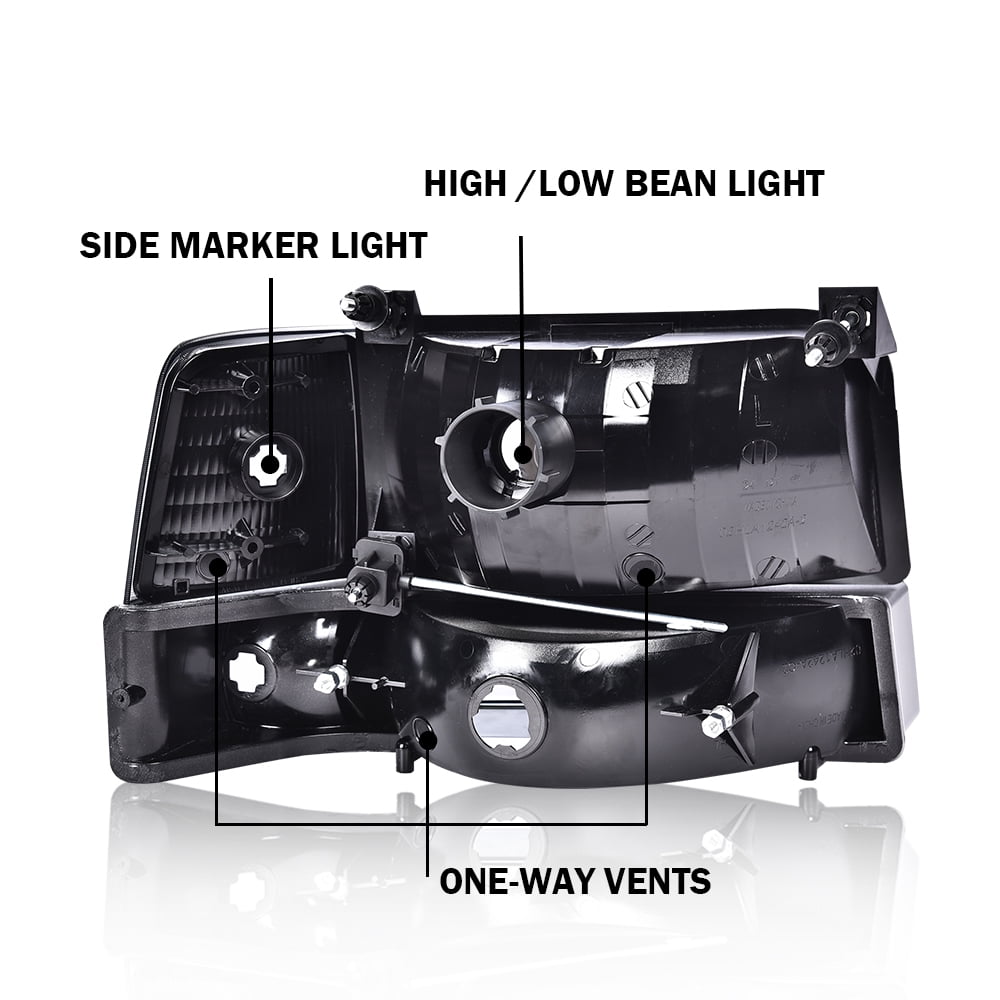 PIT66 Headlights w/Corner Signal Lamp Bumper Lamps Fit for 1992-1996 Ford F150 F250 F350 Bronco Clear Lens Chrome Housing Amber Reflector