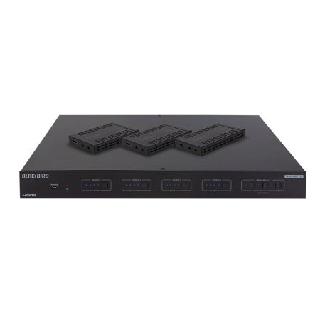 UPC: 0889028138526 | Monoprice Blackbird 4K HDMI Matrix  4×4  HDBaseT  HDR  18G  4K@60Hz  YCbCr 4:4:4  HDCP 2.2  EDID  IR  SPDIF  RCA  TCP/IP  RS-232  and 3 Receivers 70m