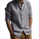 thumbnail image 1 of Camisa de y Algodón para Hombre, de Larga, Sin Cuello, Informal, con Botones, Transpirable, para Playa. Gris Oscuro S, 1 of 5